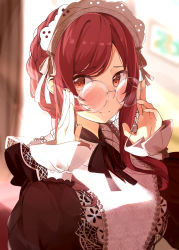 Rule 34 | 1girl, adjusting eyewear, alternate costume, apron, blush, braid, brown eyes, brown hair, closed mouth, crown braid, embarrassed, enmaided, frilled apron, frills, glasses, highres, idolmaster, idolmaster shiny colors, juliet sleeves, lace-trimmed apron, lace trim, light rays, long hair, long sleeves, looking at viewer, maid, maid headdress, nira (vira), osaki amana, puffy sleeves, red hair, round eyewear, smile, solo, sunbeam, sunlight, sunset, upper body, victorian maid, white apron