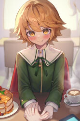 Rule 34 | 1boy, 1other, absurdres, blurry, blurry background, blush, brown eyes, brown hair, cake, closed mouth, coffee, coffee cup, commentary request, commission, cup, danganronpa: trigger happy havoc, danganronpa (series), disposable cup, food, fujisaki chihiro, green jacket, hair between eyes, hakusyokuto, highres, holding hands, interlocked fingers, jacket, layered sleeves, long sleeves, pov, pov dating, pov hands, shirt, short hair, skeb commission, smile, solo focus, steam, trap, white shirt