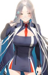 Rule 34 | 1girl, azur lane, blush, braid, breasts, character name, cloak, closed mouth, collared dress, commentary request, dress, french braid, grey hair, hair ornament, hand up, highres, large breasts, long hair, long sleeves, looking at viewer, necktie, nekoshoko, parted bangs, red necktie, ribbed sleeves, round eyewear, semi-rimless eyewear, shangri-la (azur lane), short dress, sidelocks, simple background, smile, snowflake hair ornament, solo, standing, white background, yellow eyes