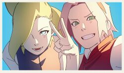 2girls blonde_hair blue_background blue_eyes blush border green_eyes grin hair_over_one_eye haruno_sakura highres jacket long_hair looking_at_viewer multiple_girls naruto_(series) naruto_shippuuden open_mouth outside_border pink_hair pnpk_1013 purple_jacket red_jacket short_hair simple_background sleeveless sleeveless_jacket smile teeth upper_body v white_border yamanaka_ino