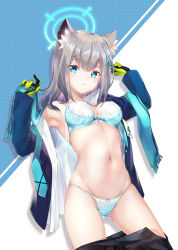 Rule 34 | 1girl, animal ears, armpits, blue archive, blue eyes, breasts, commentary request, fukuzawa yukichi (egoist867), gloves, grey hair, hair ornament, highres, jacket, looking at viewer, medium breasts, navel, panties, scarf, shiroko (blue archive), simple background, solo, underwear