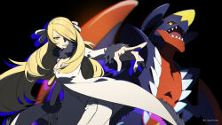 Rule 34 | 1girl, black nails, blonde hair, blurry, breasts, cleavage, coat, commentary, commentary request, creatures (company), cynthia (pokemon), eyelashes, fur-trimmed coat, fur trim, game freak, garchomp, gen 4 pokemon, grey eyes, hair ornament, hair over one eye, highres, long hair, long sleeves, looking at viewer, mega garchomp, mega pokemon, nail polish, nintendo, pants, pointing, pokemon, pokemon (creature), pokemon masters ex, smile, white coat, white pants, xia (ryugo)