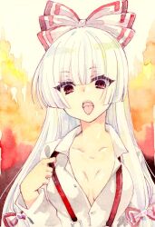 Rule 34 | 1girl, bow, breasts, cleavage, collared shirt, fujiwara no mokou, hair bow, long hair, looking at viewer, medium breasts, multicolored background, one-hour drawing challenge, open clothes, open mouth, open shirt, red eyes, sasamiii373, shirt, solo, suspenders, touhou, upper body, white bow, white hair