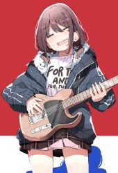 Rule 34 | 1girl, = =, brown hair, clothes writing, cowboy shot, girls band cry, guitar, highres, holding, holding guitar, holding instrument, instrument, iseri nina, jacket, low twintails, nyoijizai, open clothes, open jacket, open mouth, plaid, plaid skirt, playing guitar, pleated skirt, red background, skirt, solo, twintails, white background