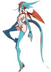 Rule 34 | 1girl, blue eyes, blue gloves, blue hair, blue thighhighs, breasts, claws, cleavage, creatures (company), dragon girl, dragon horns, dragon tail, dragon wings, elbow gloves, full body, game freak, garter straps, gen 3 pokemon, gloves, horns, kz 609, leotard, matching hair/eyes, nintendo, open mouth, personification, pokemon, pokemon rse, red wings, salamence, short hair, simple background, small breasts, solo, tail, thighhighs, white background, wings