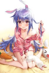 Rule 34 | 1girl, absurdres, alternate hairstyle, animal ear fluff, bare legs, barefoot, bed sheet, blue hair, blush, breasts, button gap, carrot, cleavage, collarbone, colored inner hair, commentary, don-chan (usada pekora), full body, fur scarf, hair between eyes, hair down, highres, holding, holding hair, hololive, long hair, long sleeves, looking at viewer, medium breasts, multicolored hair, neru0509, no bra, off shoulder, pajamas, parted lips, pekomon (usada pekora), pink shirt, pink shorts, rabbit-shaped pupils, red eyes, shirt, short shorts, shorts, simple background, sitting, sleepwear, striped clothes, striped shirt, symbol-shaped pupils, thick eyebrows, two-tone hair, usada pekora, virtual youtuber, wariza, white background, white hair