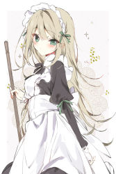 Rule 34 | 1girl, :&lt;, alternate costume, apron, black dress, black ribbon, black skirt, blonde hair, blush, breasts, broom, dress, ear focus, enmaided, frilled apron, frilled dress, frills, frown, green eyes, green ribbon, hair between eyes, head tilt, highres, holding, holding broom, hyouka (yashiro sousaku), lace, lace-trimmed apron, lace trim, long hair, long sleeves, looking at viewer, looking to the side, maid, maid apron, maid headdress, one eye covered, original, ribbon, sketch, skirt, small breasts, sushimekabu, very long hair, wringing clothes, wrinkled fabric