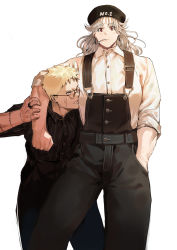 Rule 34 | 1boy, 1girl, alternate costume, arm around shoulder, black headwear, black pants, blush, bow, bowtie, couple, dorohedoro, earrings, formal, glasses, hand in pocket, height difference, hetero, highres, jewelry, long hair, muscular, noi (dorohedoro), overalls, pants, park ongjol, red eyes, shin (dorohedoro), shirt, short hair, stitches, striped clothes, striped shirt, suit, white background, white hair, white shirt