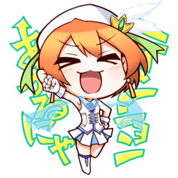 Rule 34 | &gt; &lt;, 10s, 1girl, :3, :d, > <, chibi, earrings, closed eyes, feathers, fingerless gloves, gloves, hand on own hip, hat, hat feather, hat ribbon, hoshizora rin, jewelry, love live!, love live! school idol festival, love live! school idol project, necktie, netachou, open mouth, orange hair, raised fist, ribbon, scarf, short hair, skirt, smile, solo, white feathers, white gloves, wonderful rush, x3, xd