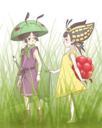 Rule 34 | 1boy, 1girl, animal hat, antennae, arm behind back, bare arms, bare legs, bare shoulders, barefoot, beads, black hair, blunt bangs, blush, boots, butterfly wings, cape, cape grab, clothes grab, commentary request, day, dress, earrings, eye contact, food, fruit, grass, green cape, green headwear, hat, head wings, hetero, holding, holding food, holding fruit, insect wings, issun, japanese clothes, jewelry, kiichi (9ta), kimono, looking at another, looking back, lowres, mini person, miniboy, minigirl, miyabi (ookami), nature, ookami (game), paintbrush, purple kimono, sash, short eyebrows, short hair, sidelocks, sleeveless, sleeveless dress, standing, wings, wristband, yellow dress