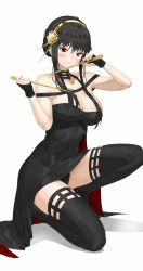 Rule 34 | 1girl, absurdres, arms up, bare shoulders, black dress, black gloves, black hair, black nails, black thighhighs, blush, breasts, cleavage, closed mouth, dagger, dress, dual wielding, fingerless gloves, floral print, flower, glint, gloves, gold hairband, hair flower, hair ornament, hairband, highres, holding, holding dagger, holding knife, holding weapon, knife, large breasts, long hair, nail polish, nervous smile, off-shoulder dress, off shoulder, on one knee, pixel (yuxian), raised eyebrows, red eyes, rose, rose print, shadow, sidelocks, simple background, smile, solo, spikes, spy x family, squatting, thighhighs, thighs, two-sided dress, two-sided fabric, weapon, white background, yor briar
