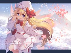 Rule 34 | 1girl, :d, baku-p, blonde hair, blue eyes, bow, bowtie, day, dress, fairy wings, floating hair, flower, hat, highres, letterboxed, lily white, long hair, long sleeves, looking at viewer, mountain, open mouth, outdoors, pink flower, red bow, red bowtie, sash, smile, solo, spring (season), touhou, very long hair, white dress, white hat, wide sleeves, wind, wings