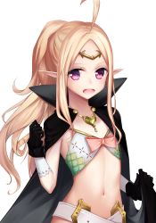 Rule 34 | 1girl, :d, absurdres, ahoge, belt, belt buckle, black cape, black gloves, blush, buckle, cape, cape hold, collarbone, commentary request, fire emblem, fire emblem awakening, gloves, has bad revision, has downscaled revision, heart, high collar, highres, karin (fineyanny), light brown hair, long hair, looking at viewer, md5 mismatch, navel, nintendo, nowi (fire emblem), open mouth, parted bangs, pointy ears, ponytail, purple eyes, resolution mismatch, revealing clothes, round teeth, sidelocks, smile, solo, source smaller, teeth, upper body, upper teeth only, very long hair, white belt
