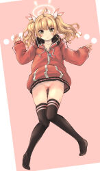 Rule 34 | 1girl, ahoge, bar censor, black thighhighs, blonde hair, blue archive, blush, bottomless, censored, cleft of venus, closed mouth, collarbone, commentary request, full body, gluteal fold, halo, highres, hood, hood down, hooded jacket, jacket, knees together feet apart, long sleeves, looking at viewer, makita yoshiharu, pussy, red jacket, sidelocks, solo, thighhighs, twintails, yellow eyes, yellow halo, yoshimi (blue archive)
