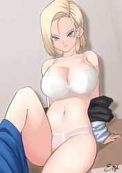Rule 34 | 1girl, :&gt;, absurdres, android 18, blonde hair, blue eyes, bob cut, bra, breasts, cleavage, closed mouth, dragon ball, dragonball z, earrings, etzelin, feet out of frame, female focus, groin, highres, jewelry, large breasts, leg up, legs, looking at viewer, medium hair, panties, simple background, sitting, smile, solo, thighs, underwear, undressing, white bra, white panties