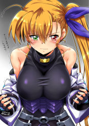Rule 34 | 1girl, artist name, bare shoulders, black bodysuit, black gloves, blonde hair, blush, bodysuit, breasts, collarbone, commentary request, dated, fingerless gloves, gloves, gradient background, green eyes, grey background, hair between eyes, hair ribbon, highres, jacket, large breasts, long hair, looking at viewer, lyrical nanoha, mahou shoujo lyrical nanoha vivid, open clothes, open jacket, purple ribbon, red eyes, ribbon, san-pon, side ponytail, sidelocks, sleeveless, sleeveless bodysuit, solo, sweat, translation request, upper body, vivio, wavy mouth, white jacket