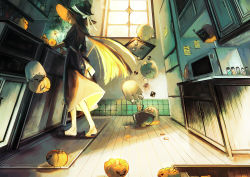 Rule 34 | 1girl, book, cooking, egg, fantasy, floating, floating object, ghost, halloween, hat, highres, holding, holding book, kitchen, long hair, open book, original, pumpkin, reading, shizui fen, wand, window, witch, witch hat