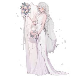 Rule 34 | 1girl, ahoge, alternate costume, alternate hairstyle, bare shoulders, blush, bouquet, braid, breasts, bridal veil, bride, center opening, closed mouth, dress, flower, full body, gepard m1 (exciting future) (girls&#039; frontline), gepard m1 (girls&#039; frontline), girls&#039; frontline, gloves, hair between eyes, hair ornament, half gloves, hand up, holding, holding bouquet, km2o4, lace, lace-trimmed dress, lace trim, long dress, long hair, looking at viewer, medium breasts, messy hair, official alternate costume, official art, pale skin, partially fingerless gloves, petals, pink flower, pink rose, rose, sidelocks, single braid, transparent background, veil, very long hair, weapon case, wedding dress, white dress, white flower, white gloves, white hair, white rose