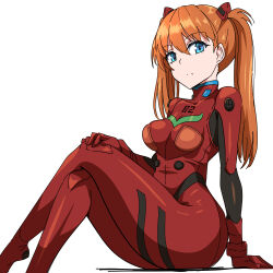 Rule 34 | 1girl, artist request, ass, blue eyes, bodysuit, breasts, brown hair, curvy, huge ass, interface headset, long hair, looking at viewer, medium breasts, neon genesis evangelion, plugsuit, red bodysuit, shiny clothes, simple background, sitting, solo, souryuu asuka langley, stretching, two side up, white background, wide hips