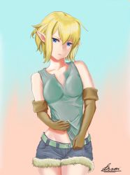 Rule 34 | 1girl, bad id, bad pixiv id, bare shoulders, blonde hair, blue eyes, breasts, commentary request, dungeon ni deai wo motomeru no wa machigatteiru darou ka, elf, highres, looking at viewer, medium breasts, pointy ears, ryu lion, short hair, simple background, solo, standing