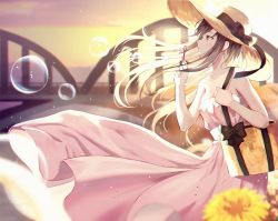 Rule 34 | 1girl, bad id, bad twitter id, bag, bare shoulders, breasts, bridge, brown eyes, brown hair, bubble, blowing bubbles, cleavage, collarbone, dress, hat, holding, holding bag, hyonee, long hair, original, outdoors, parted lips, solo, standing, strapless, strapless dress, straw hat, sundress, sunset, white dress