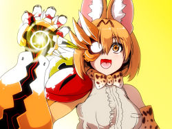 Rule 34 | animal ear fluff, animal ears, blouse, bow, bowtie, center frills, commentary request, elbow gloves, frills, gauntlets, gloves, glowing, gradient background, isna (footprintsofisna), kemono friends, parody, print bow, print bowtie, print gloves, print neckwear, scryed, serval (kemono friends), serval print, shell bullet, shirt, simple background, sleeveless, sleeveless shirt, solo, traditional bowtie, white shirt, yellow background