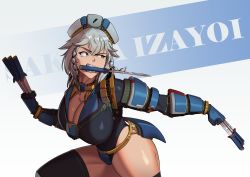 Rule 34 | 1girl, absurdres, arm armor, armor, armored dress, between fingers, biting, bodysuit, braid, breasts, character name, collar, furrowed brow, gradient background, grey hair, highres, holding, holding knife, huge breasts, izayoi sakuya, knife, knives between fingers, looking to the side, maid headdress, red eyes, solo, tagme, the robot boy, thighhighs, throwing knife, touhou, twin braids, weapon