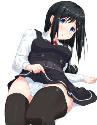 Rule 34 | 1girl, :o, asashio (kancolle), belt, black dress, black hair, black thighhighs, blue eyes, blue panties, breasts, buttons, cameltoe, clothes lift, collared shirt, dress, dress lift, embarrassed, highres, izumo konata, kantai collection, lifted by self, long hair, long sleeves, lying, neck ribbon, panties, pinafore dress, pleated dress, red ribbon, ribbon, shirt, simple background, sleeveless, sleeveless dress, small breasts, solo, thighhighs, underwear, white background, white shirt