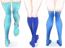 Rule 34 | 3girls, absurdres, alternate color, aqua thighhighs, blue socks, blue thighhighs, commentary request, copyright request, crossed legs, feet, foreshortening, from behind, highres, kneehighs, kneepits, lower body, multiple girls, no shoes, oouso, over-kneehighs, simple background, skindentation, socks, soles, standing, standing on one leg, striped clothes, striped legwear, striped thighhighs, thighhighs, thighs, watson cross, white background