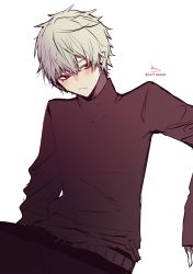 Rule 34 | 1boy, absurdres, black pants, black shirt, blush, closed mouth, fang, fang out, grey hair, hair between eyes, highres, kuzuha (nijisanji), long sleeves, male focus, nijisanji, pants, red eyes, shirt, signature, simple background, sleeves past wrists, sofra, solo, twitter username, virtual youtuber, white background