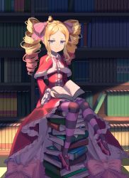 Rule 34 | 1girl, absurdres, beatrice (re:zero), blonde hair, blue eyes, book, bookshelf, bow, butterfly-shaped pupils, capelet, closed mouth, crown, full body, fur-trimmed capelet, fur trim, hair bow, highres, long hair, long sleeves, looking at viewer, mini crown, open book, pantyhose, parted bangs, pink bow, pink hair, progameer789, re:zero kara hajimeru isekai seikatsu, red capelet, sitting, solo, striped clothes, striped pantyhose, symbol-shaped pupils, twintails, very long hair
