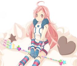 Rule 34 | 1girl, ahoge, bad id, bad pixiv id, belt, boots, cake, dress, female focus, food, fork, gloves, greentanuki, headphones, kneehighs, long hair, multicolored clothes, multicolored legwear, pastry, pink eyes, pink hair, red eyes, sf-a2 miki, socks, solo, star (symbol), striped clothes, striped gloves, striped socks, thighhighs, very long hair, vocaloid, wrist cuffs