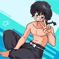 Rule 34 | 1boy, bare pectorals, barefoot, black hair, blue eyes, braid, braided ponytail, collarbone, dutch angle, grin, hair between eyes, hand up, long hair, looking at viewer, male focus, navel, pants, pectorals, ranma 1/2, saotome ranma, single braid, sitting, smile, solo, stomach, toned, toned male, topless male, twitter username, v, wanta (futoshi)