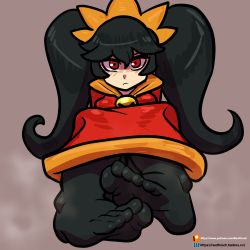 Rule 34 | 1girl, ashley (warioware), black hair, black pantyhose, closed mouth, dress, feet, feet together, female focus, foot focus, hair between eyes, hairband, highres, legs together, long hair, looking at viewer, nintendo, orange hairband, orange neckwear, outline, pantyhose, reathroch, red dress, red eyes, shaded face, sidelocks, sitting, smell, solo, toes, twintails, warioware, watermark, web address
