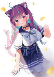 Rule 34 | 1girl, absurdres, ahoge, anchor hair ornament, anchor symbol, animal ear fluff, animal ears, aqua hair, blue bow, blue nails, blue ribbon, blue sailor collar, blue skirt, blunt bangs, blush, bow, braid, breasts, brooch, cat ears, cat girl, cat tail, closed mouth, collarbone, dyed ahoge, falling petals, fang, frilled sailor collar, frills, glint, hair ornament, highres, hololive, jewelry, kemonomimi mode, large breasts, looking at viewer, minato aqua, minato aqua (sailor), multicolored hair, nail polish, neck ribbon, no shoes, pantyhose, paw pose, petals, pleated skirt, purple eyes, purple hair, purple tail, ribbon, sailor collar, shadow, shirt, shokorate, short sleeves, simple background, sitting, skin fang, skirt, solo, streaked hair, tail, tail ornament, tail ribbon, twin braids, two-tone hair, virtual youtuber, wariza, white background, white pantyhose, white shirt
