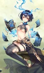 Rule 34 | 1girl, alice (sinoalice), belt, black hair, black thighhighs, blue gloves, book, breasts, buckle, closed mouth, expressionless, gloves, glowing, hairband, high heels, highres, holding, holding book, looking at viewer, paper, red eyes, short hair, shorts, sinoalice, sitting, solo, tattoo, teroru, thighhighs, torn clothes, torn thighhighs, underboob, zettai ryouiki