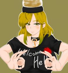 Rule 34 | 1girl, blonde hair, blush, breasts, chain, choker, clothes writing, commentary request, eyebrows hidden by hair, fingernails, gold chain, green background, hecatia lapislazuli, hecatia lapislazuli (moon), highres, huge breasts, light smile, long hair, looking at viewer, mitsuwo, nippleless clothes, nipples, no bra, off-shoulder shirt, off shoulder, ok sign, shirt, simple background, solo, torn clothes, torn shirt, touhou, yellow eyes