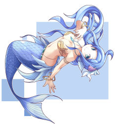 Rule 34 | 1girl, armlet, bangle, beanpaste, blue eyes, blue hair, blue theme, bracelet, breasts, cleavage, closed mouth, colored eyelashes, eyebrows, fins, full body, hair ornament, head fins, highres, jewelry, long hair, matching hair/eyes, medium breasts, mermaid, monster girl, navel, necklace, original, outstretched arm, shell, shell necklace, smile, solo, very long hair, white background