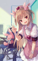 Rule 34 | &gt; &lt;, 1girl, :d, apron, armband, bandaged arm, bandages, blurry, blurry background, blush, brown hair, center frills, collared shirt, depth of field, fang, frills, hair ornament, hand up, hat, head tilt, heart, indoors, long hair, looking at viewer, makihitsuji, natori sana, nurse cap, open mouth, pink apron, pink hat, pleated skirt, puffy short sleeves, puffy sleeves, rabbit hair ornament, red eyes, safety pin, sana channel, shirt, short sleeves, skirt, smile, solo, stuffed animal, stuffed rabbit, stuffed toy, two side up, v, very long hair, virtual youtuber, wheelchair, white shirt, white skirt