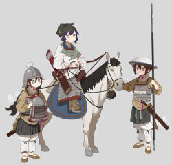 Rule 34 | 3girls, armor, black hair, boots, bow (weapon), breastplate, brown footwear, brown shirt, chinese armor, chinese empire, coat, conical hat, fangdan runiu, grey background, helmet, holding, holding polearm, holding reins, holding weapon, jitome, lamellar armor, multiple girls, original, pants, pleated skirt, polearm, quiver, reins, saddle, sandals, sheath, sheathed, shirt, simple background, skirt, song dynasty, stirrups (riding), sword, watermark, weapon, white coat, white horse, white pants