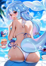 4girls akuma_nihmune ass ass_focus bao_(vtuber) bikini blonde_hair blue_hair blush breasts from_behind huge_ass large_breasts long_hair looking_at_viewer looking_back multiple_girls pink_hair purple_hair red_eyes short_hair shylily sideboob sitting smile solo_focus squchan swimsuit tail very_long_hair virtual_youtuber water