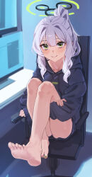 Rule 34 | 1girl, absurdres, barefoot, black hoodie, blue archive, blush, closed mouth, fingernails, green eyes, green nails, grey hair, gubbi on, halo, hare (blue archive), highres, hood, hoodie, indoors, long hair, long sleeves, nail polish, ponytail, sitting, smile, soles, solo, swivel chair, toenail polish, toenails, toes