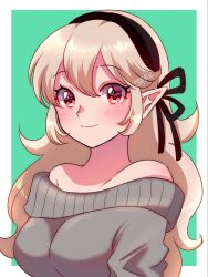 Rule 34 | 1girl, bare shoulders, black hairband, blush, breasts, corrin (female) (fire emblem), corrin (fire emblem), fire emblem, fire emblem fates, hair between eyes, hairband, highres, large breasts, long hair, looking at viewer, nintendo, nonoworks, off-shoulder sweater, off shoulder, pointy ears, red eyes, signature, simple background, smile, solo, sweater, white hair