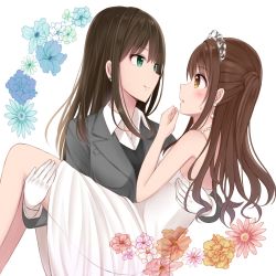 Rule 34 | 10s, 2girls, absurdres, aqua eyes, black hair, blush, brown eyes, brown hair, carrying, clenched hand, crown, dress, earrings, eye contact, female focus, flower, formal, gloves, green eyes, half updo, highres, idolmaster, idolmaster cinderella girls, jewelry, looking at another, mizukoshi (marumi), multiple girls, necklace, one side up, open mouth, pearl necklace, princess carry, shibuya rin, shimamura uzuki, shy, side ponytail, smile, suit, vest, white dress, white gloves, yellow eyes, yuri