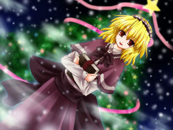 Rule 34 | 1girl, :d, alice margatroid, alternate color, black dress, blonde hair, book, capelet, christmas, christmas tree, dress, dutch angle, female focus, frills, fur trim, holding, holding book, looking at viewer, maid headdress, open mouth, red dress, red eyes, santa costume, smile, solo, star (symbol), touhou
