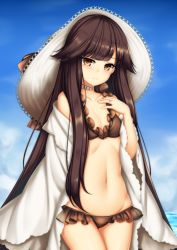 Rule 34 | 1girl, bikini, black bikini, blue sky, blunt bangs, breasts, brown eyes, brown hair, character request, cloud, collarbone, commentary request, day, forever 7th capital, frilled bikini, frills, hand on own chest, hat, highres, jewelry, long hair, looking at viewer, minaha (playjoe2005), mole, mole under eye, navel, outdoors, ring, sky, small breasts, smile, solo, sun hat, swimsuit, very long hair, water, wedding band