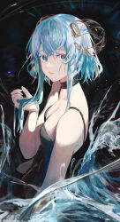 Rule 34 | 1girl, absurdres, aqua nails, bare shoulders, black camisole, black choker, blue hair, breasts, camisole, choker, cleavage, commentary request, green eyes, hair between eyes, hand up, highres, horns, jenmin12, korean commentary, looking at viewer, medium breasts, medium hair, original, parted lips, sidelocks, solo, upper body