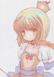 Rule 34 | 1girl, absurdres, blonde hair, bow, bow (music), breasts, collar, crescent, dress, eyes visible through hair, highres, instrument, looking at viewer, lunasa prismriver, medium hair, nishina masato, puffy short sleeves, puffy sleeves, red bow, short sleeves, simple background, small breasts, solo, touhou, traditional media, upper body, violin, white background, yellow dress, yellow eyes