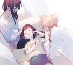 Rule 34 | 1boy, 2girls, cheek poking, couch, en (enxxx), closed eyes, father and daughter, husband and wife, id :invaded, lap pillow, long hair, lying, mother and daughter, multiple girls, narihisago akihito, narihisago ayako, narihisago muku, open mouth, poking, purple hair, short hair, sitting, smile, spiked hair