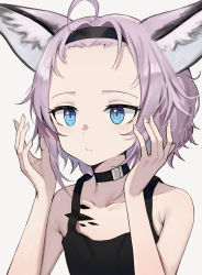 Rule 34 | 1girl, absurdres, aer7o, alternate hairstyle, animal ear fluff, animal ears, arknights, bare arms, bare shoulders, black choker, black hairband, black tank top, blue eyes, choker, closed mouth, collarbone, forehead, fox ears, grey background, hairband, hands up, highres, looking away, material growth, oripathy lesion (arknights), purple hair, simple background, solo, sussurro (arknights), tank top, upper body